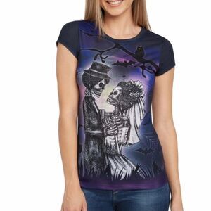 Skeleton Bride & Groom Gothic Halloween Dia de los Muertos Tee Sz L NWT